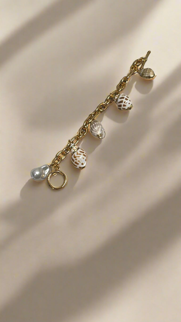 Kenneth Jay Lane Gold Link with Multi Shell Charms Toggle Bracelet