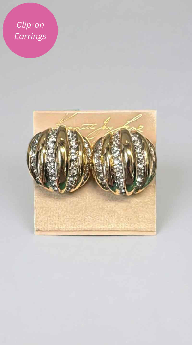Kenneth Jay Lane Polished Gold & Rhine Ribbed Domed Earrings - Mildred Hoit