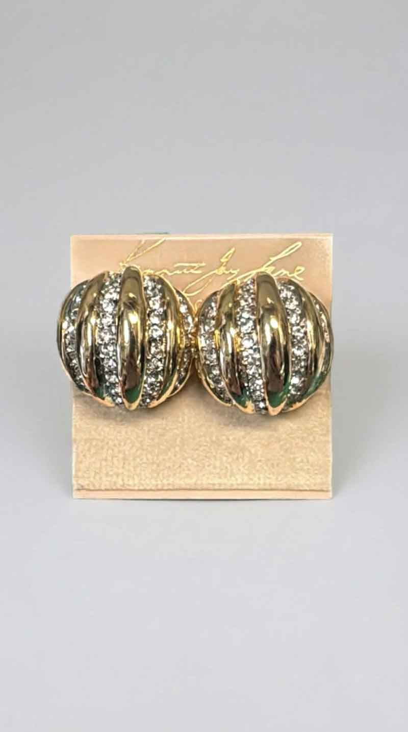 Kenneth Jay Lane Polished Gold & Rhine Ribbed Domed Earrings - Mildred Hoit