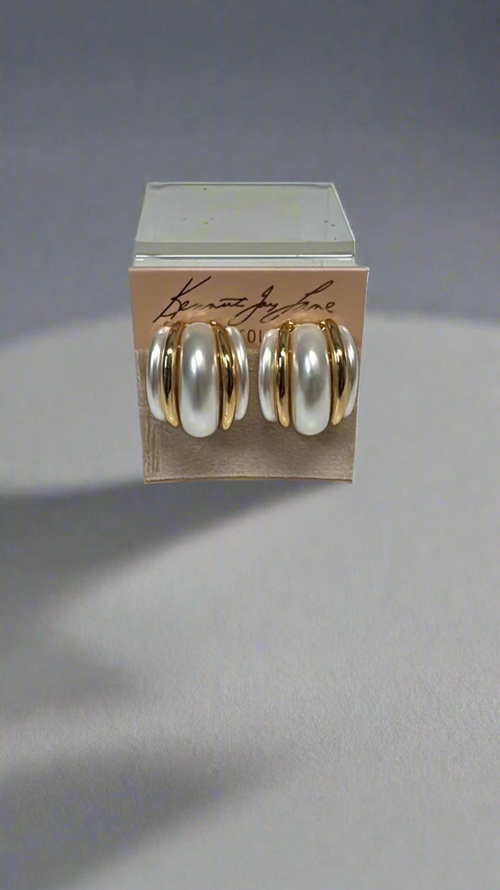Gold Double Ribbed Pearl Domed Hoop Clip Earring