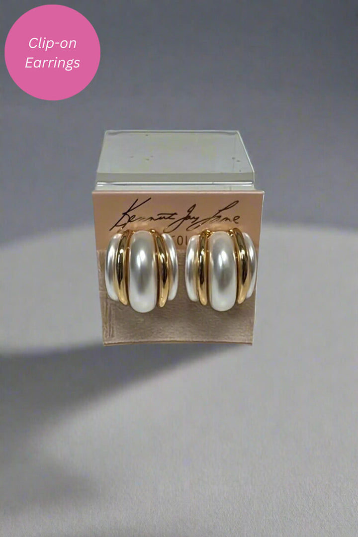 Gold Double Ribbed Pearl Domed Hoop Clip Earring