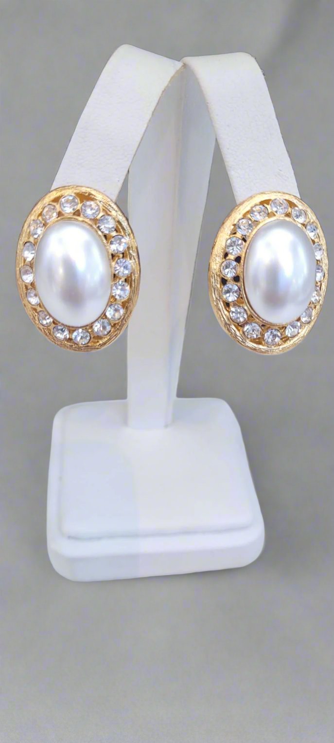 Kenneth Jay Lane Oval Gold, Crystal and Pearl Earrings