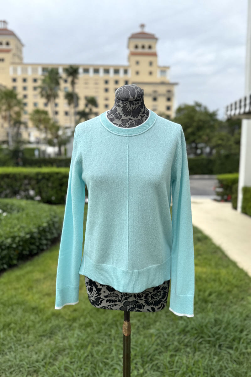 Kinross Tipped Crew in Aquatic and Ivory available at Mildred Hoit in Palm Beach.