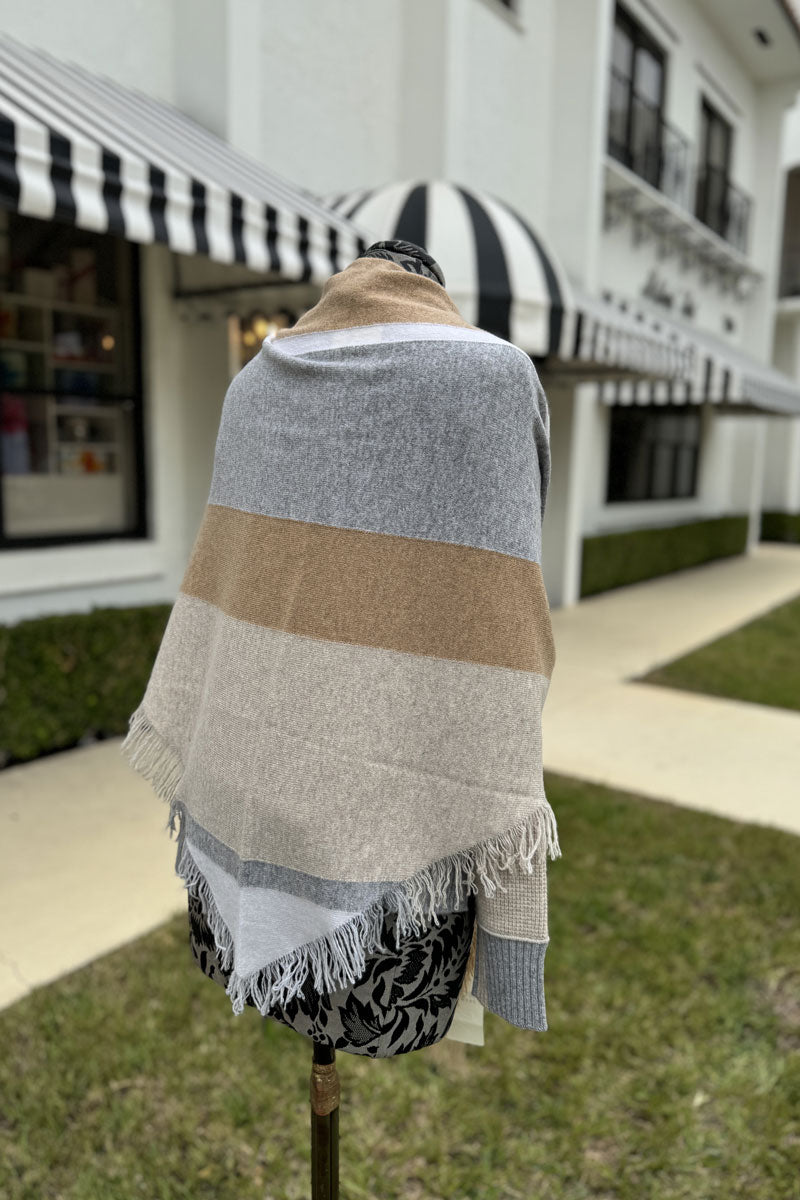 Kinross Striped Fringe Triangle Wrap in Camel Multi