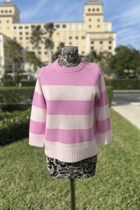 Kinross 3 Quarter Sleeve Wide Stripe Crew in Bloom and Chiffon available at Mildred Hoit in Palm Beach.