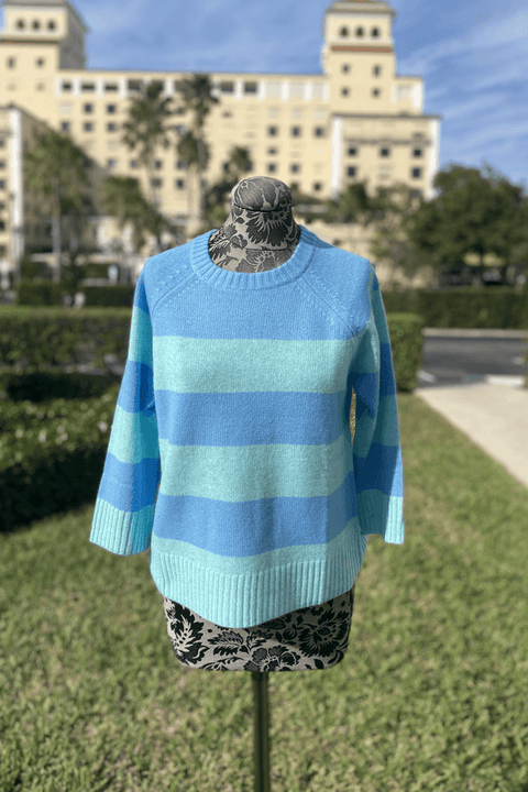 Kinross 3/4 Sleeve Wide Stripe Sweater in Mirage and Oasis available at Mildred Hoit in Palm Beach.