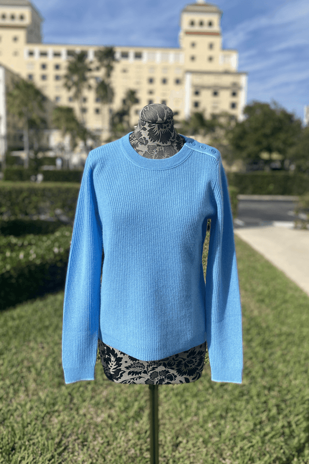 Kinross Piped Shoulder Button Crew in Mirage and Oasis available at Mildred Hoit in Palm Beach.