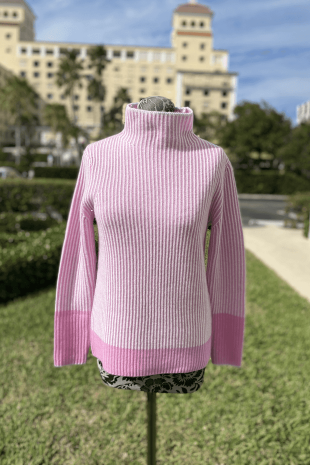 Kinross Plaited Rib Funnel Sweater in Bloom, Whisper, and Gris available at Mildred Hoit in Palm Beach.