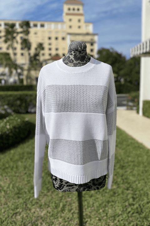 Kinross Mixed Stitch Lurex Crew in White and Gris available at Mildred Hoit in Palm Beach.