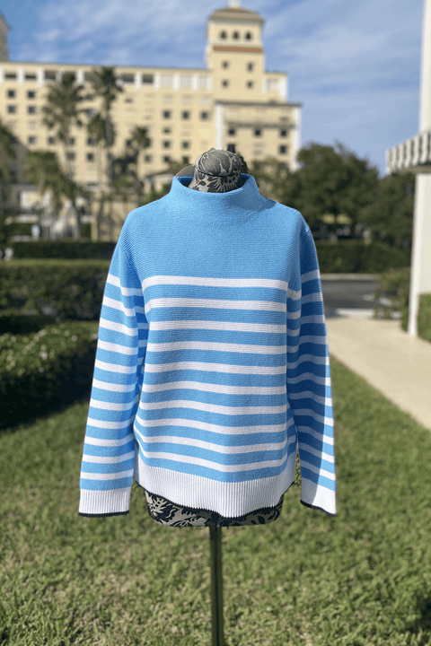 Kinross Garter Stripe Funnel Sweater in Mirage, White, and Navy available at Mildred Hoit in Palm Beach.