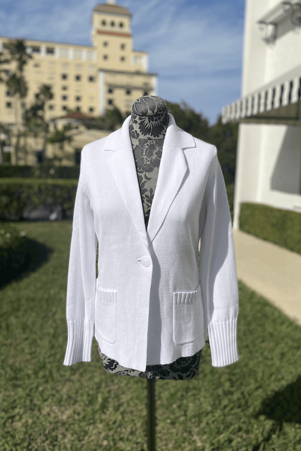 Kinross Rib Trim Notch Collar Cardigan in White available at Mildred Hoit in Palm Beach.