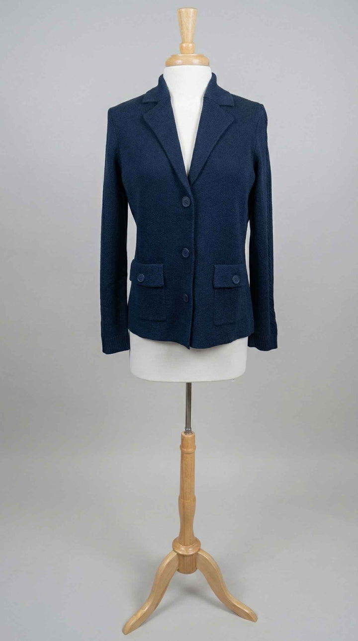 Kinross Cable Sleeve Notch Collar Cardigan in Navy - Mildred Hoit