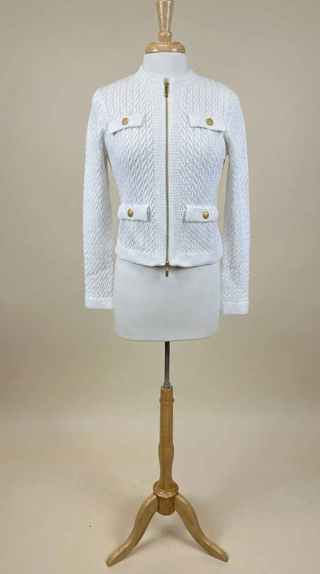 Kinross Textured Zip Cardigan in White - Mildred Hoit