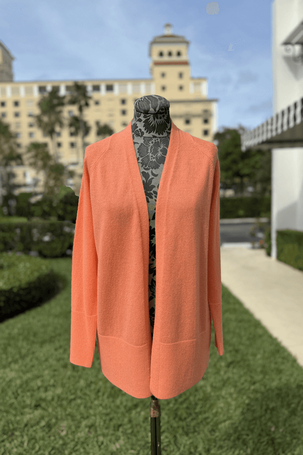 Kinross Rib Trim Easy Cardigan in Mango available at Mildred Hoit in Palm Beach.