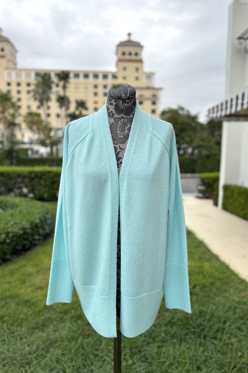 Kinross Rib Trim Cardigan in Aquatic available at Mildred Hoit in Palm Beach.