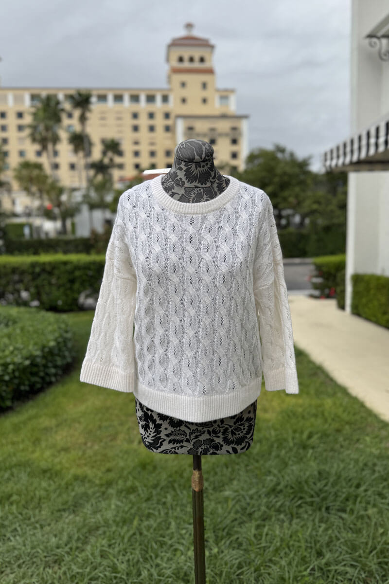 Kinross 3 Quarter Sleeve Pointelle Cable Crew in Ivory available at Mildred Hoit in Palm Beach.