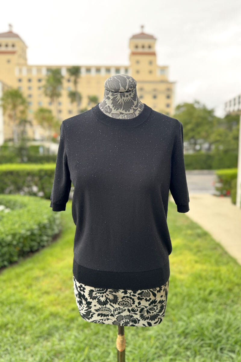 Kinross Sequin Short Sleeve Crew Sweater in Black available at Mildred Hoit in Palm Beach.