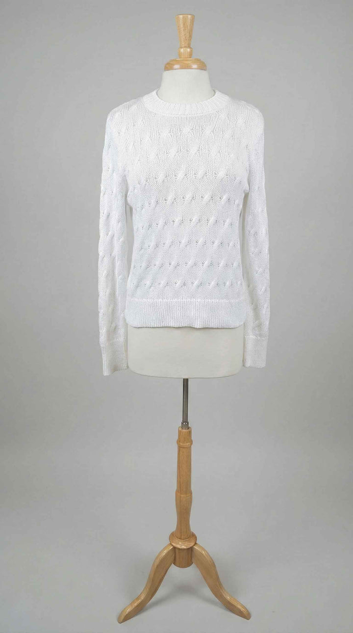 Kinross Stonewash Cable Crew in White - Mildred Hoit