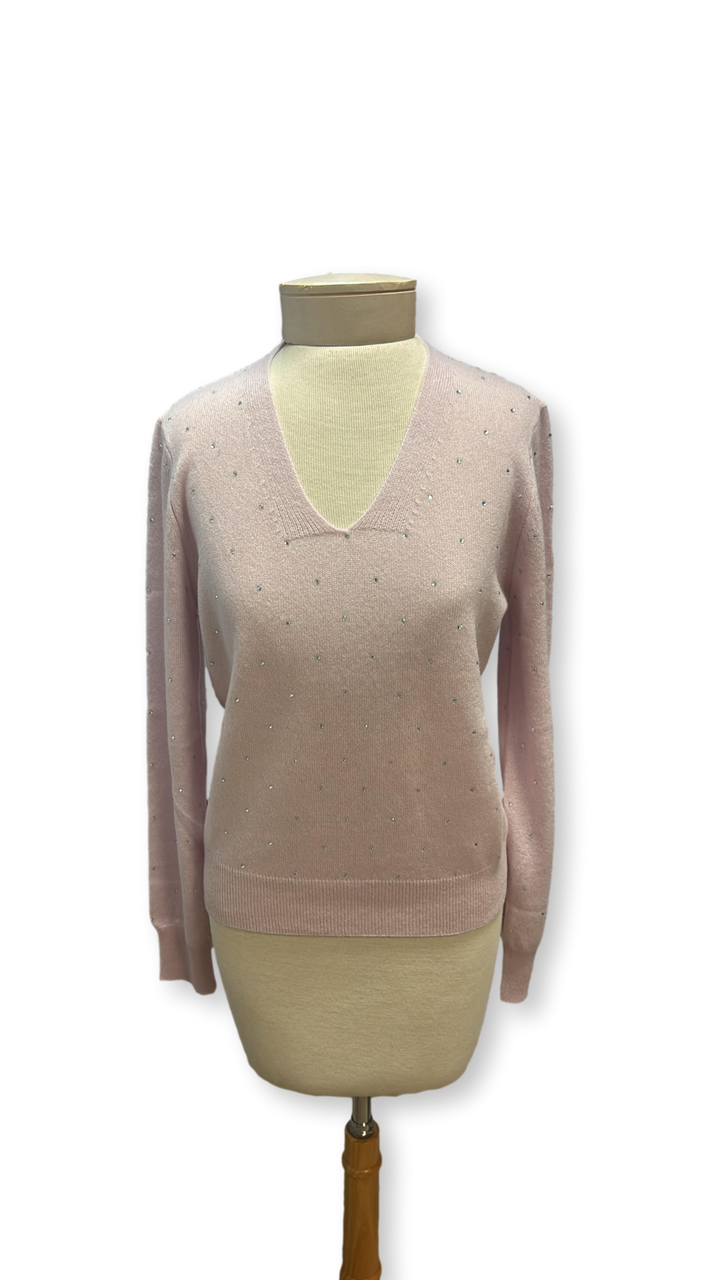 Kinross Cashmere Crystal Vee Sweater in Ballet
