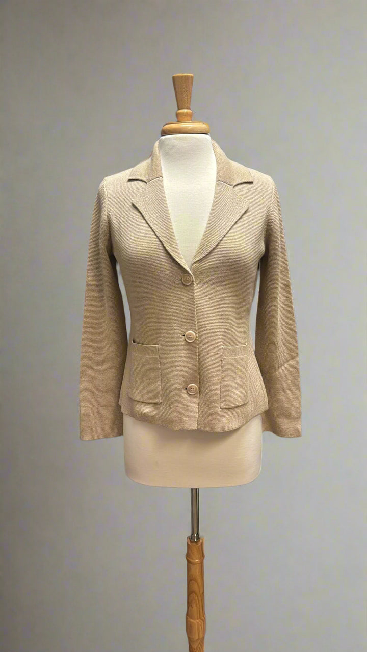 Kinross Soft Cotton Fitted Notch Collar Cardigan in Latte