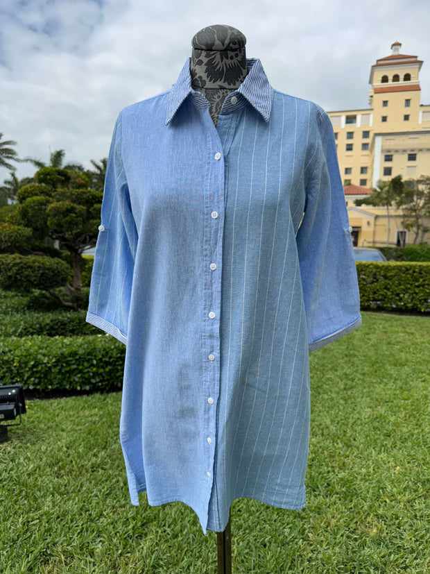 Pure Amici Striped Button Down Dress in Wave available at Mildred Hoit in Palm Beach.