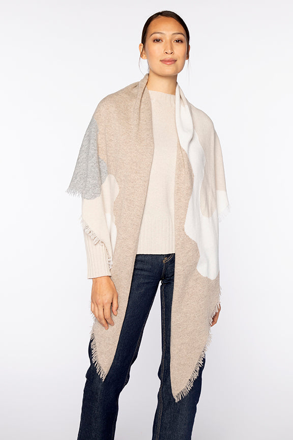 Kinross Cashmere Intarsia Fringe Wrap in Taupe Multi - Mildred Hoit