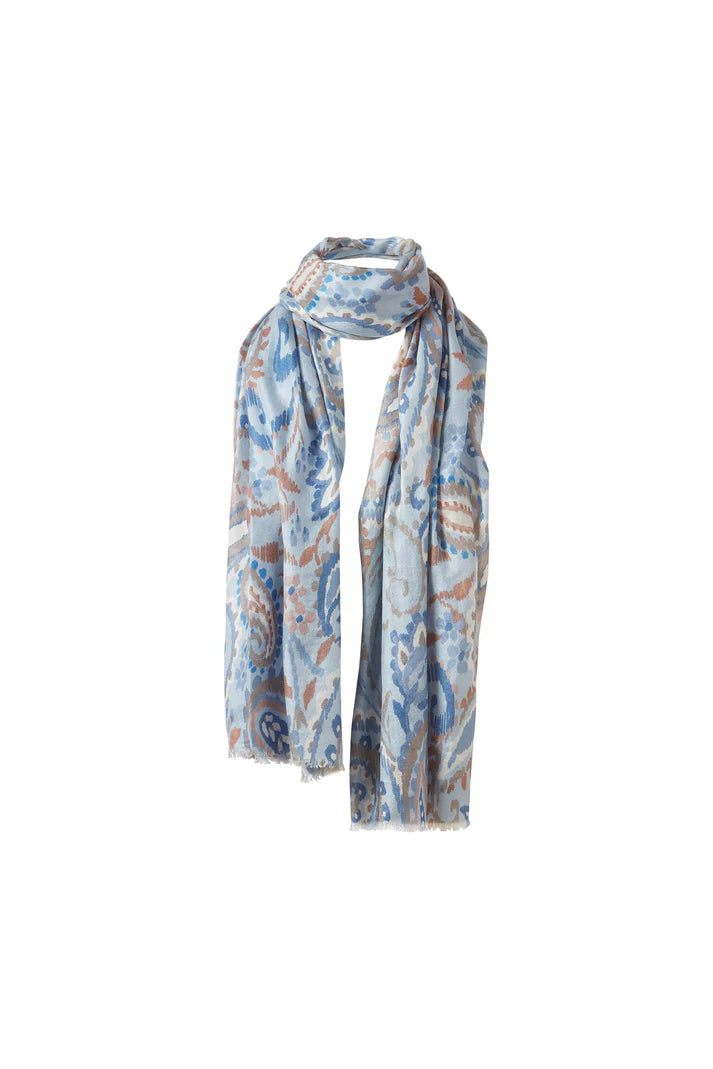 Kinross Painted Paisley Print Scarf in Ice Blue Multi