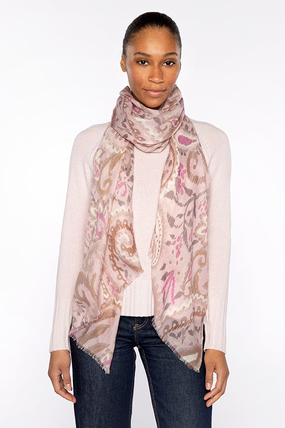 Kinross Painted Paisley Print Scarf in Ballet Multi