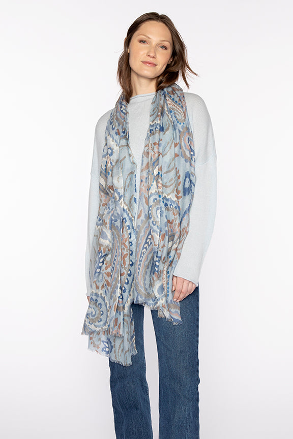 Kinross Painted Paisley Print Scarf in Ice Blue Multi
