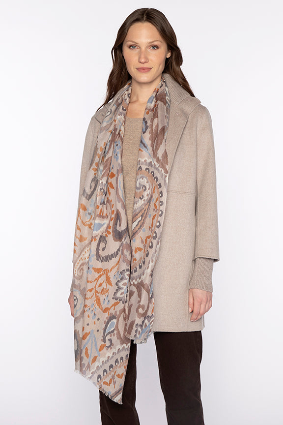 Kinross Painted Paisley Print Scarf in Oat Multi