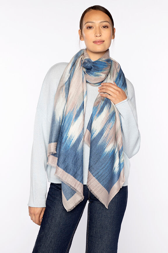 Kinross Brushed Ikat Print Scarf in Sapphire Multi