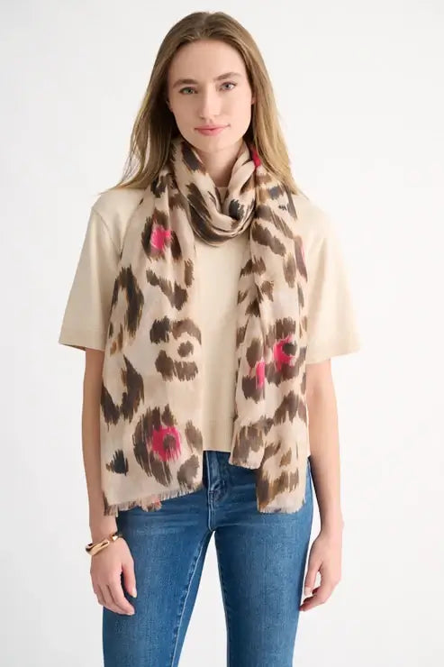 Kinross Painted Leopard Print Scarf in Sandstone