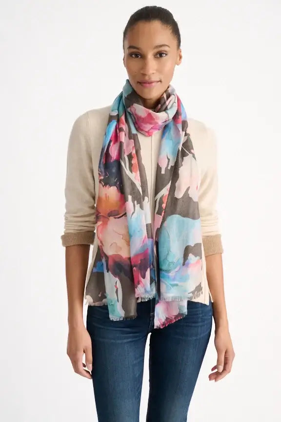 Kinross Highland Blooms Print Scarf in Chocolate
