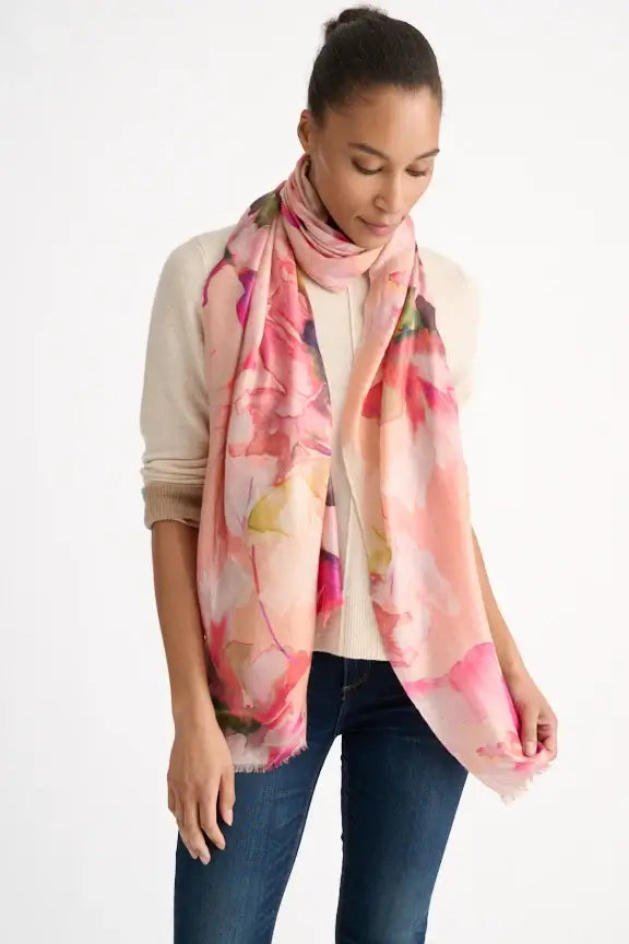 Kinross Highland Blooms Print Scarf in Sandstone