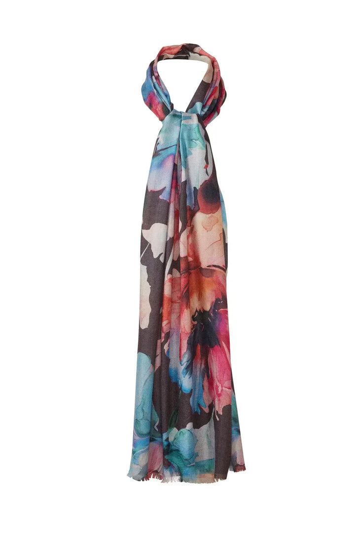 Kinross Highland Blooms Print Scarf in Chocolate