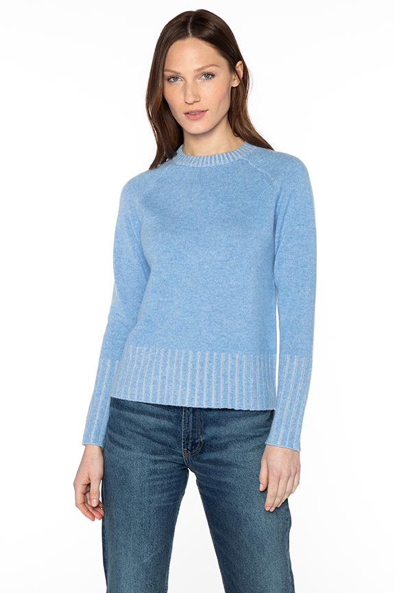 Kinross Cashmere Plaited Rib Crew in Como/Celeste