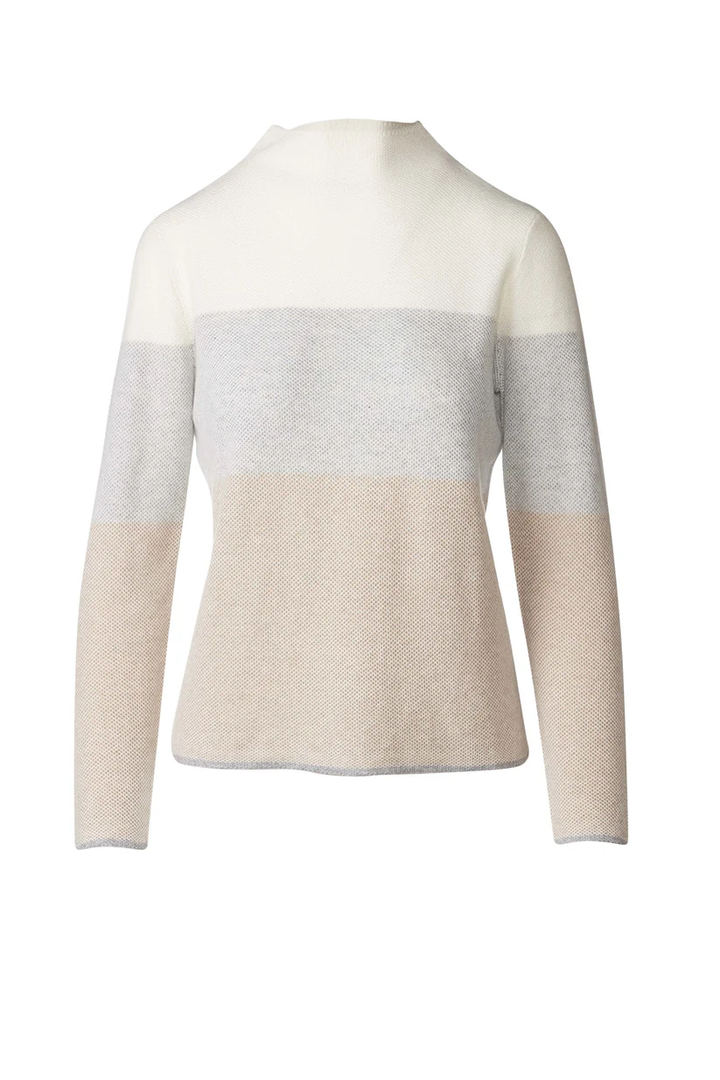 Kinross Plaited Honeycomb Wide Stripe Pullover in Camel Multi