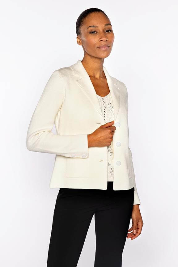 Kinross Soft Cotton Fitted Notch Collar Cardigan in Cream