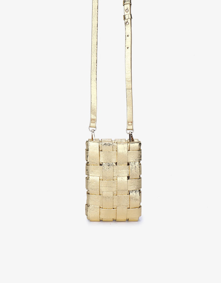 Lindy Woven Cellphone Bag in Hi Shine Gold - Mildred Hoit