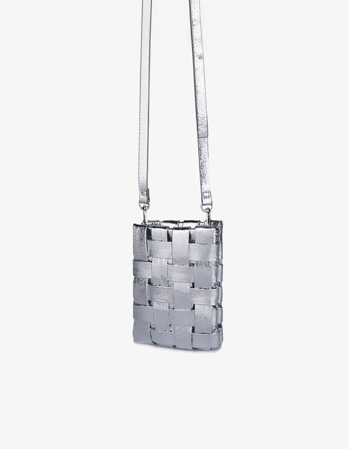 Lindy Woven Cellphone Bag in Hi Metallic Silver - Mildred Hoit
