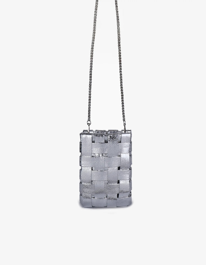 Lindy Woven Cellphone Bag in Hi Metallic Silver - Mildred Hoit