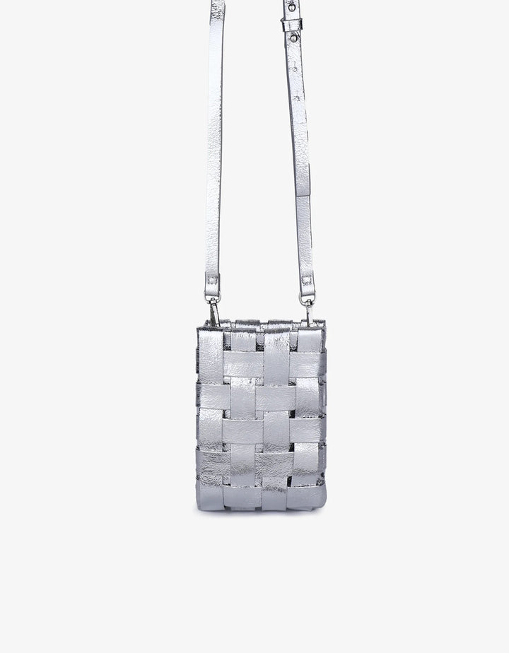 Lindy Woven Cellphone Bag in Hi Metallic Silver - Mildred Hoit