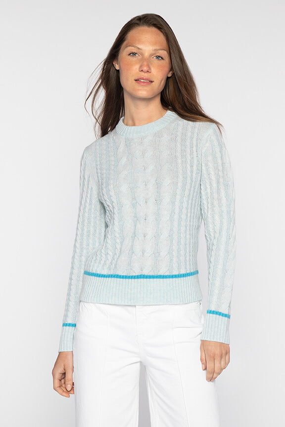 Kinross Tipped Plaited Cable Crew Sweater in Surf Multi