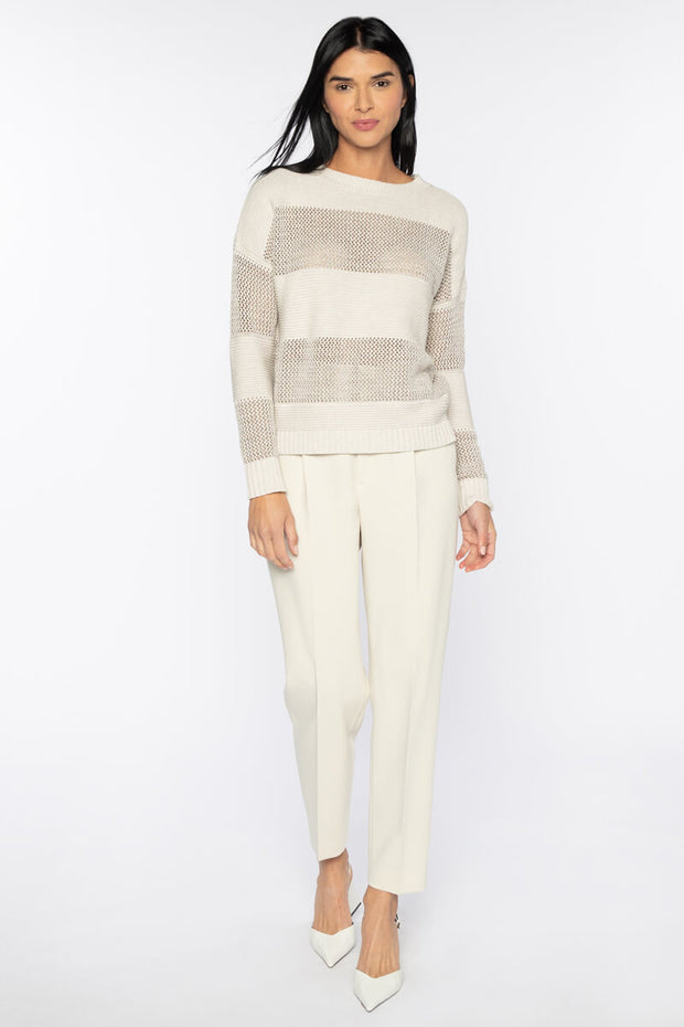 Kinross Mixed Stitch Lurex Crew Sweater in Champagne available at Mildred Hoit in Palm Beach.