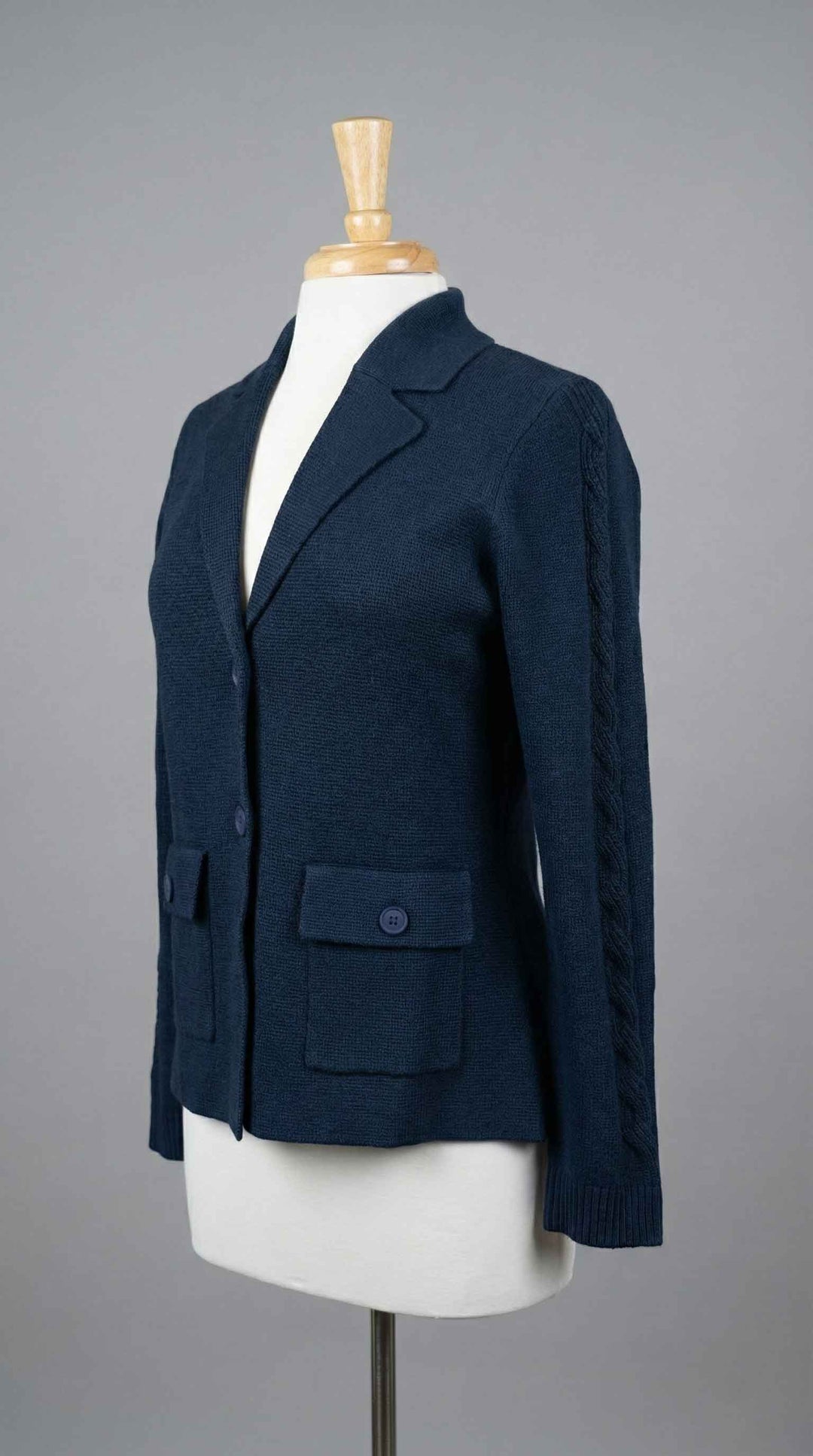 Kinross Cable Sleeve Notch Collar Cardigan in Navy - Mildred Hoit