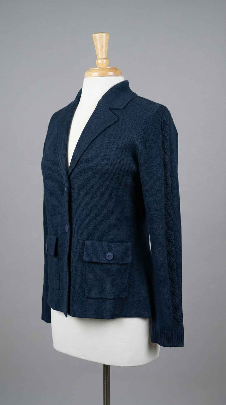 Kinross Cable Sleeve Notch Collar Cardigan in Navy - Mildred Hoit