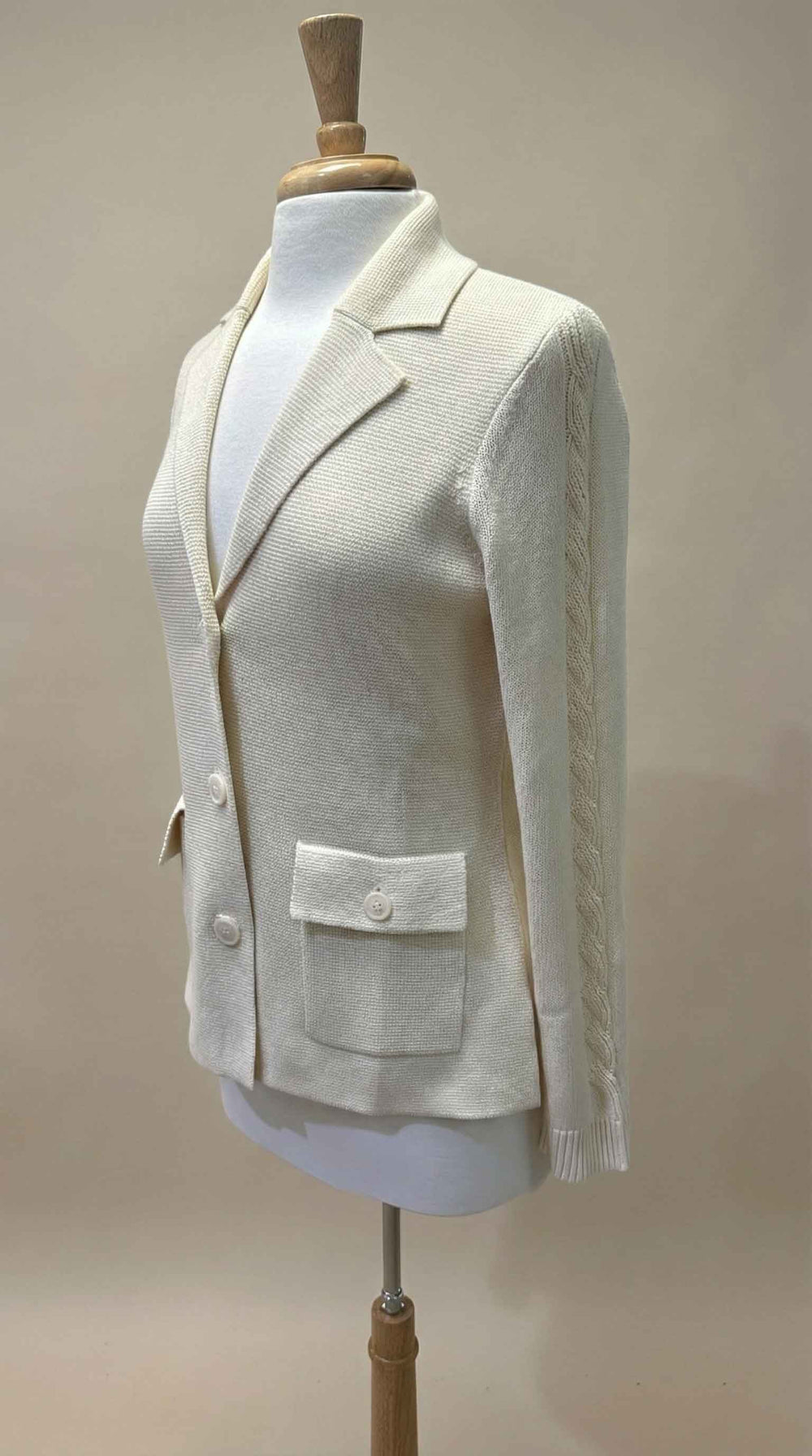 Kinross Cable Sleeve Notch Collar Cardigan in Vanilla - Mildred Hoit