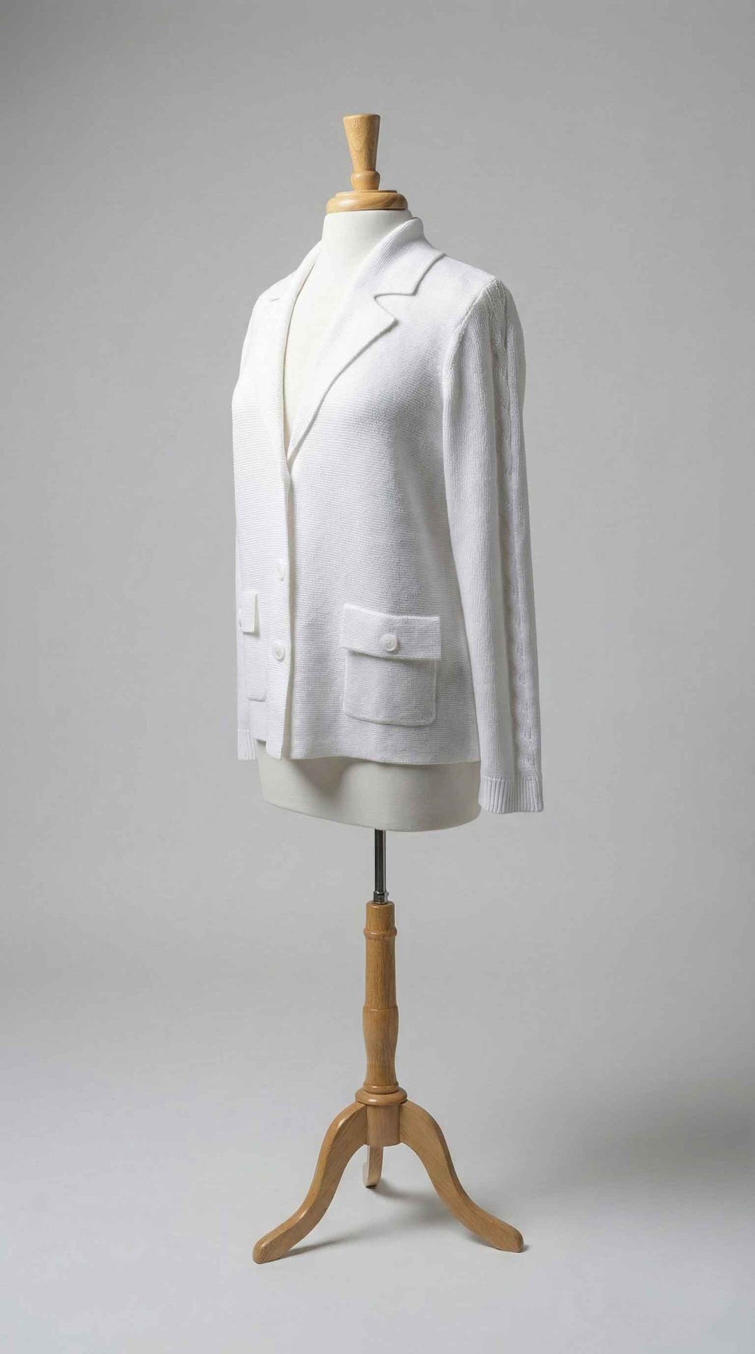 Kinross Cable Sleeve Notch Collar Cardigan in White - Mildred Hoit