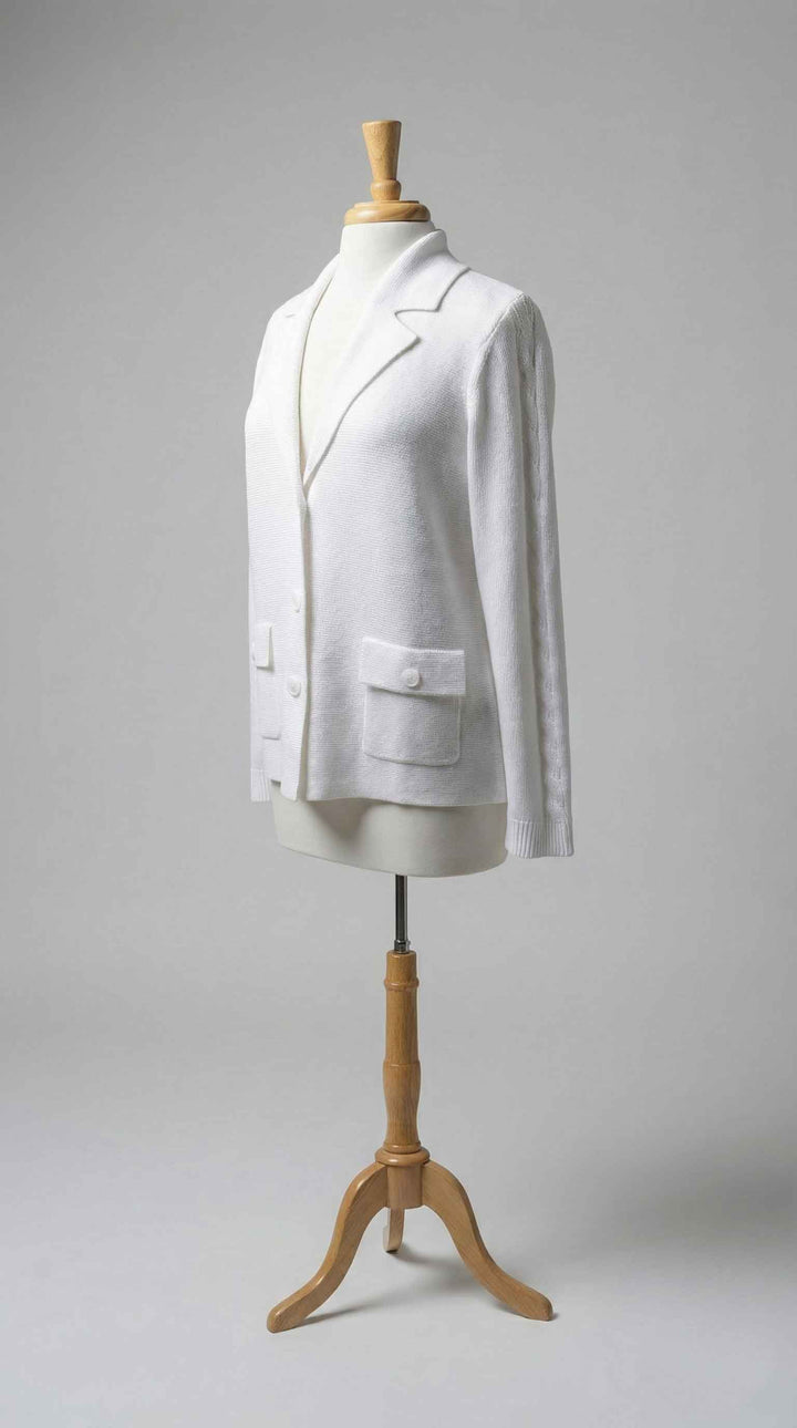 Kinross Cable Sleeve Notch Collar Cardigan in White - Mildred Hoit
