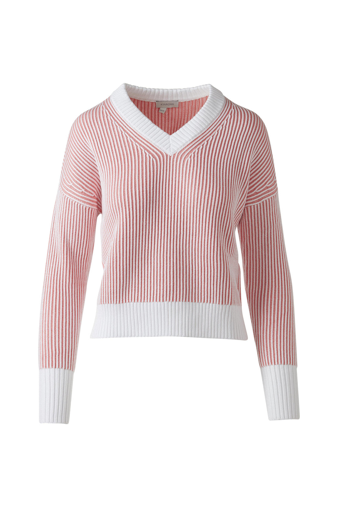 Kinross Plaited Rib Vee in Coral & White - Mildred Hoit